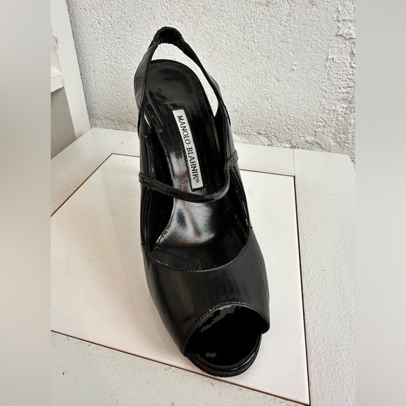 Manolo Blahnik Black Leather Printed Slingback Peep Toe Pumps – Size 36.5 - Picture 3 of 12